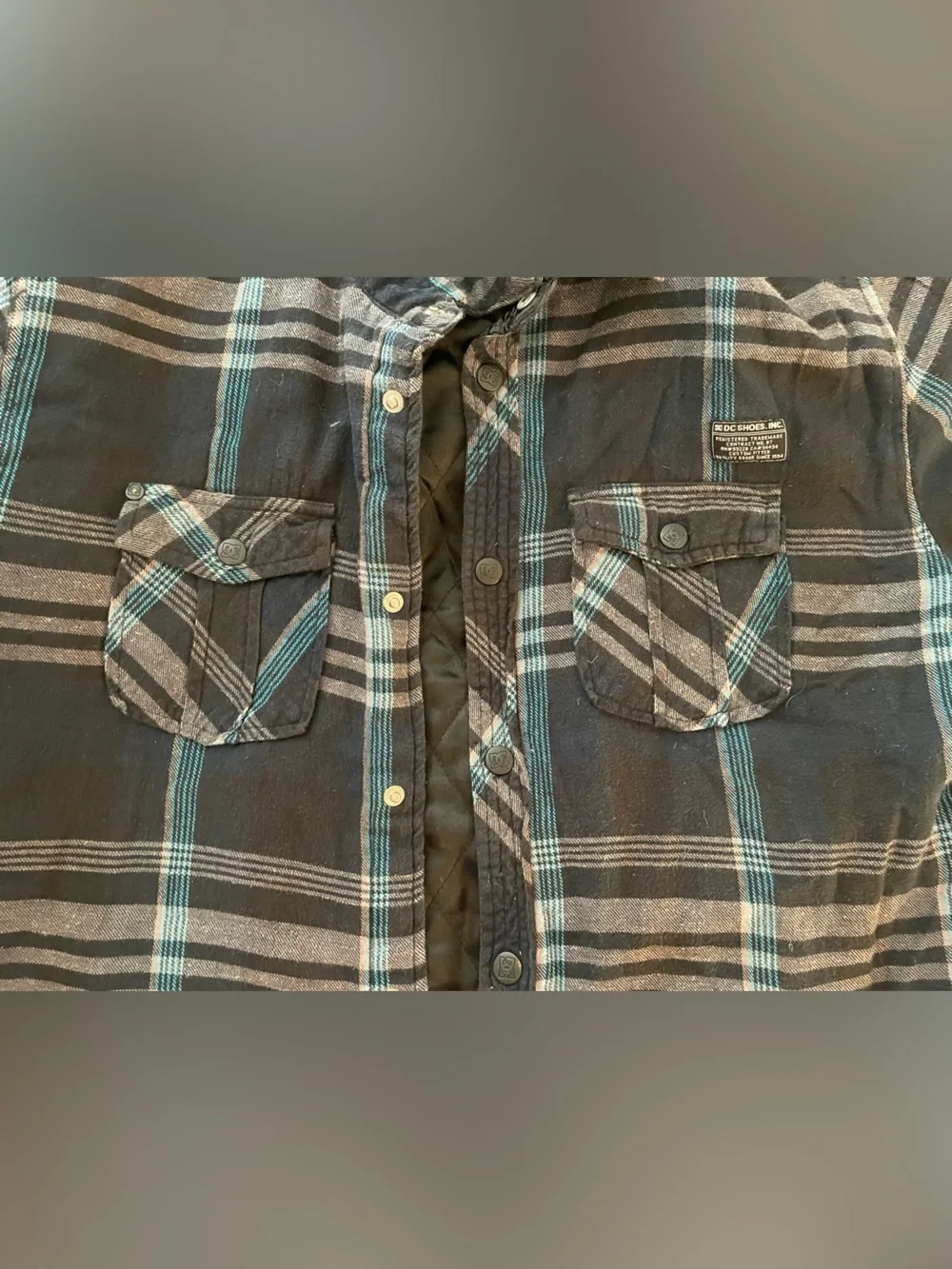 DC Shoes Quilted-Lined Plaid Button-Front Jacket / Shacket in Black and Teal